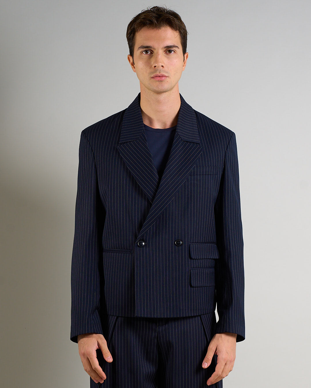 Giacca Cropped doppiopetto Gessata Blu