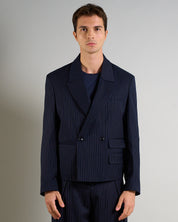 Giacca Cropped doppiopetto Gessata Blu