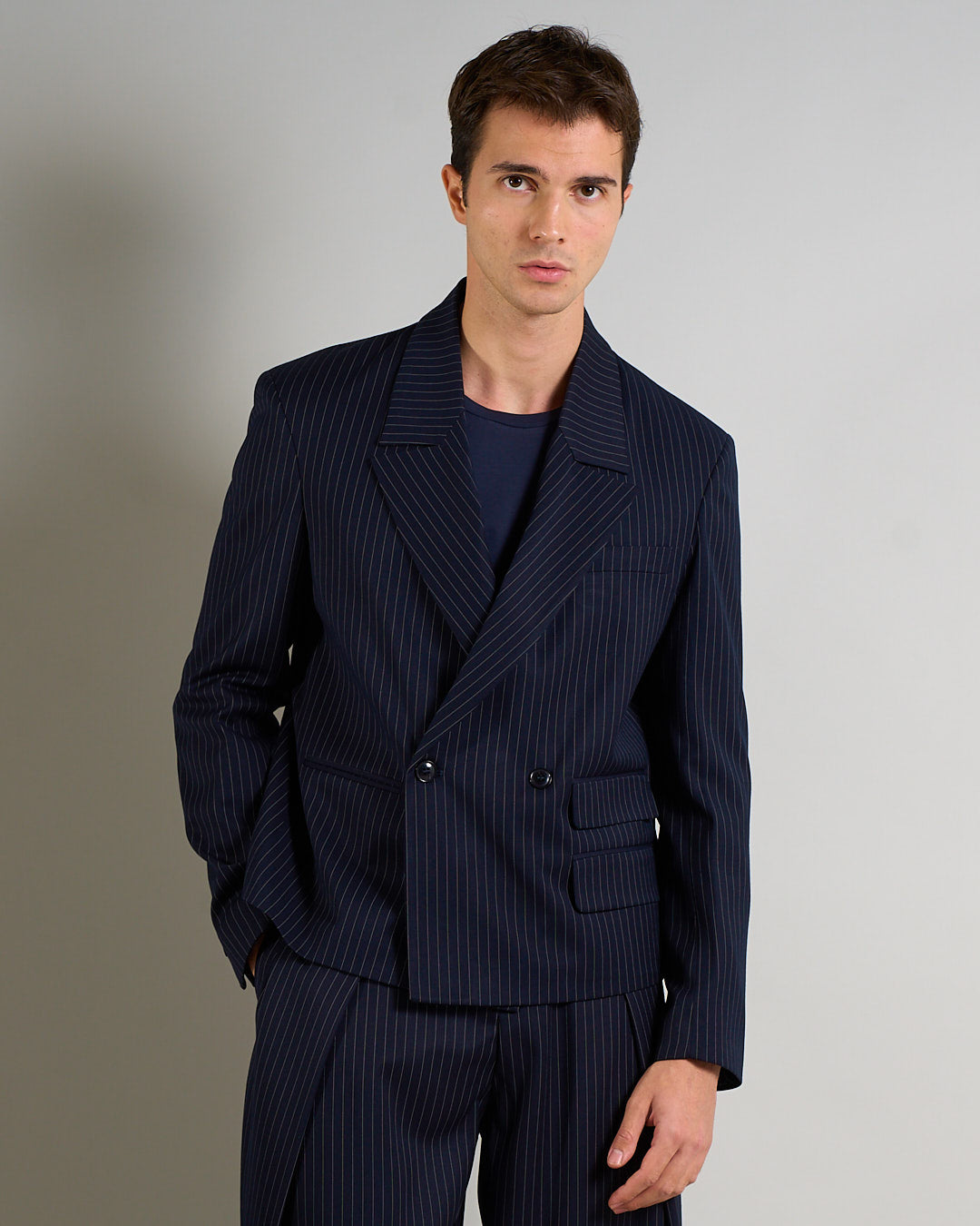 Giacca Cropped doppiopetto Gessata Blu