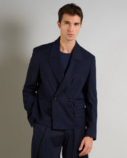 Giacca Cropped doppiopetto Gessata Blu