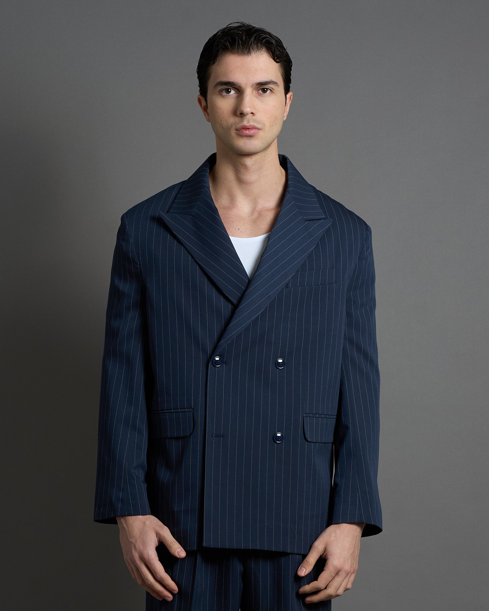 Giacca Sartoriale Doppiopetto Blu Gessata