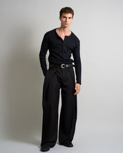Pantalone Wide Fit con pieghe gessato nero
