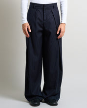 Pantalone Wide Fit con pieghe gessato blu