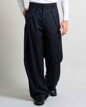 Pantalone Wide Fit con pieghe gessato blu