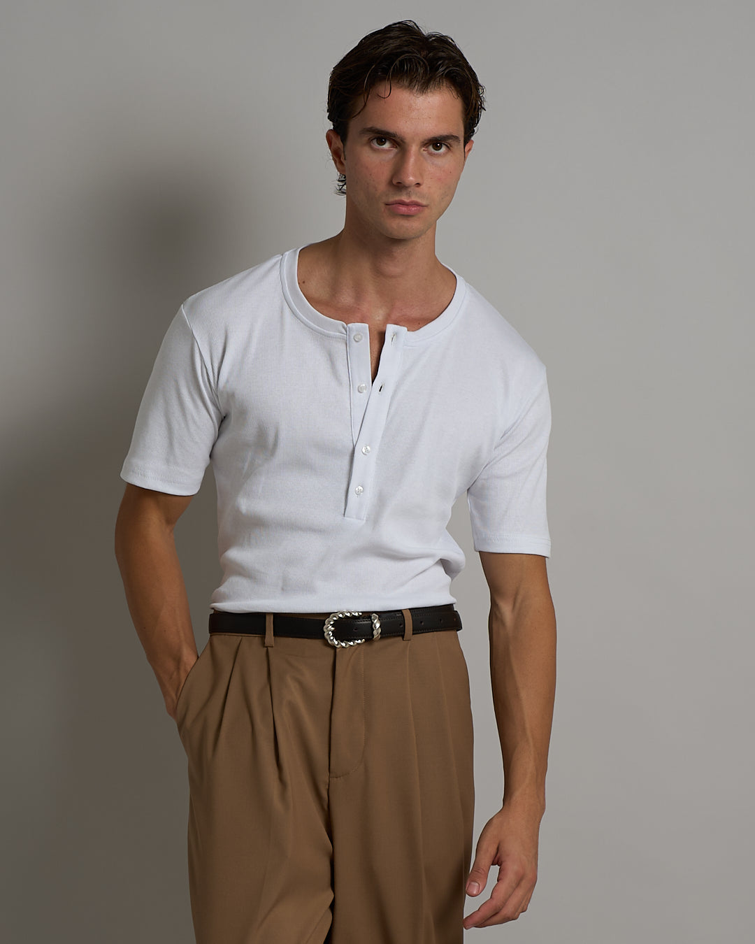 T-shirt Serafino in costina mezza manica