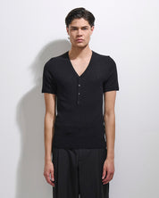 Maglia scollo a V a coste mezza manica