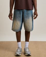 Bermuda Jeans Baggy Sabbiato in doppio stone con pietra