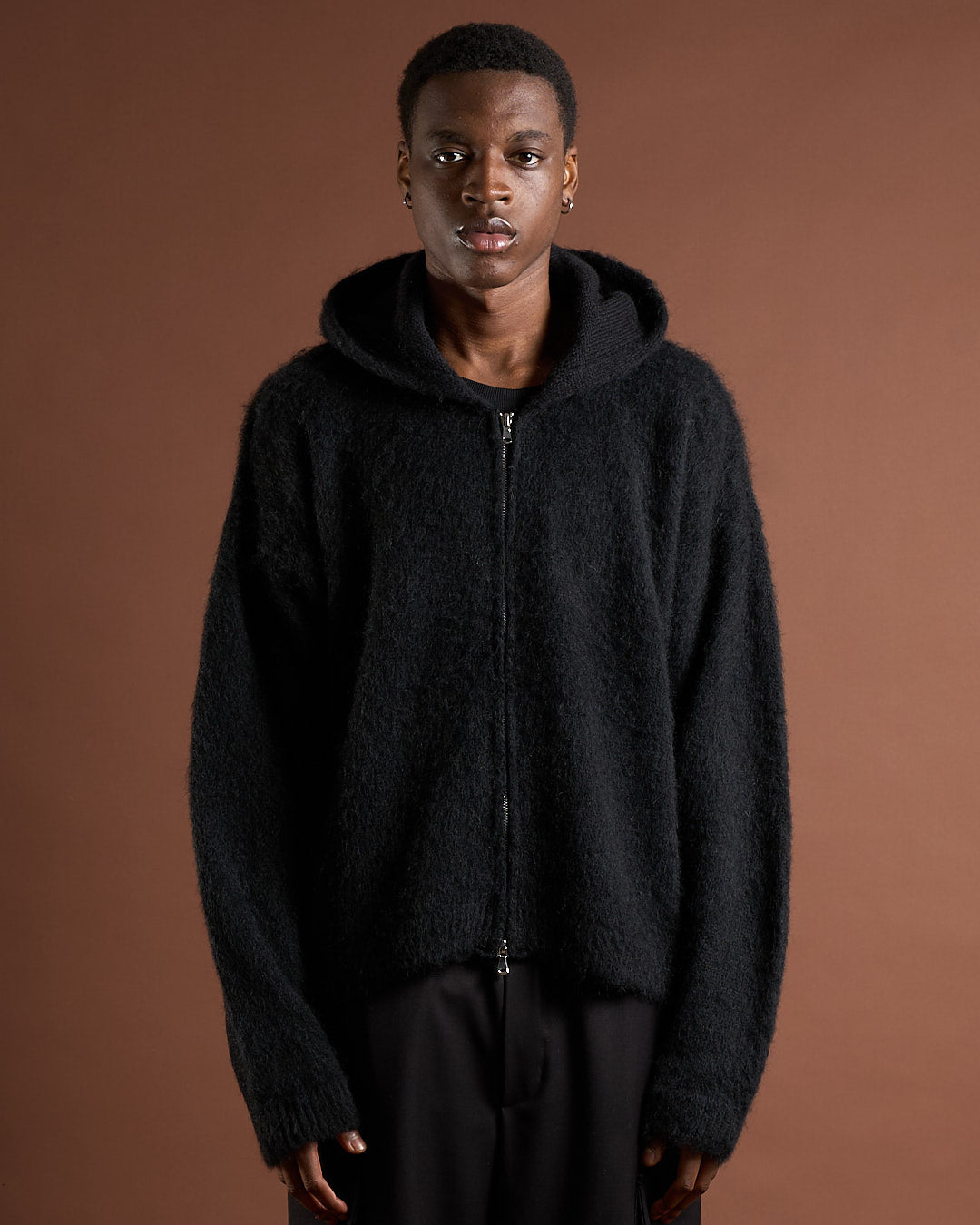 Cardigan in maglia con zip e cappuccio in lana mohair