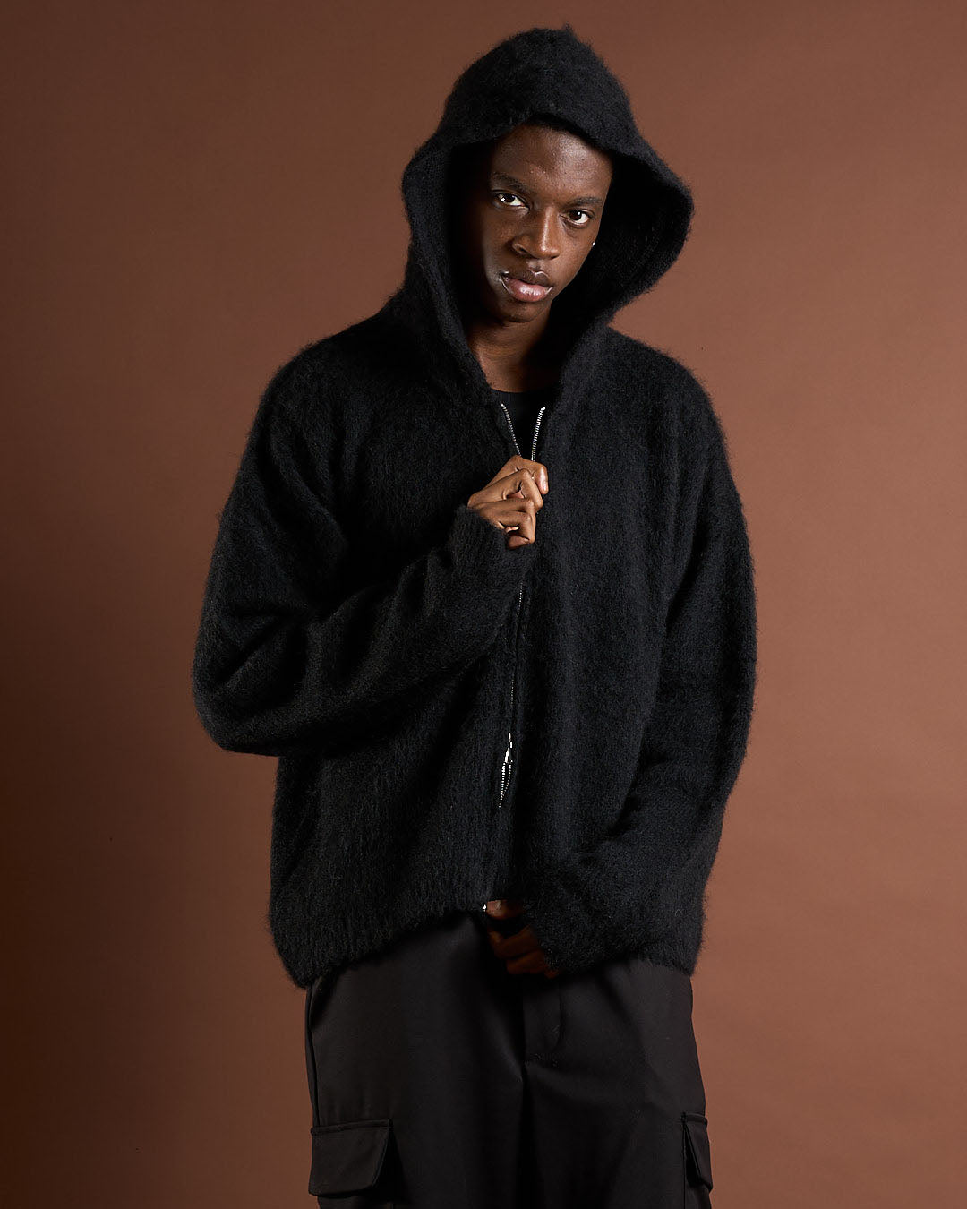 Cardigan in maglia con zip e cappuccio in lana mohair