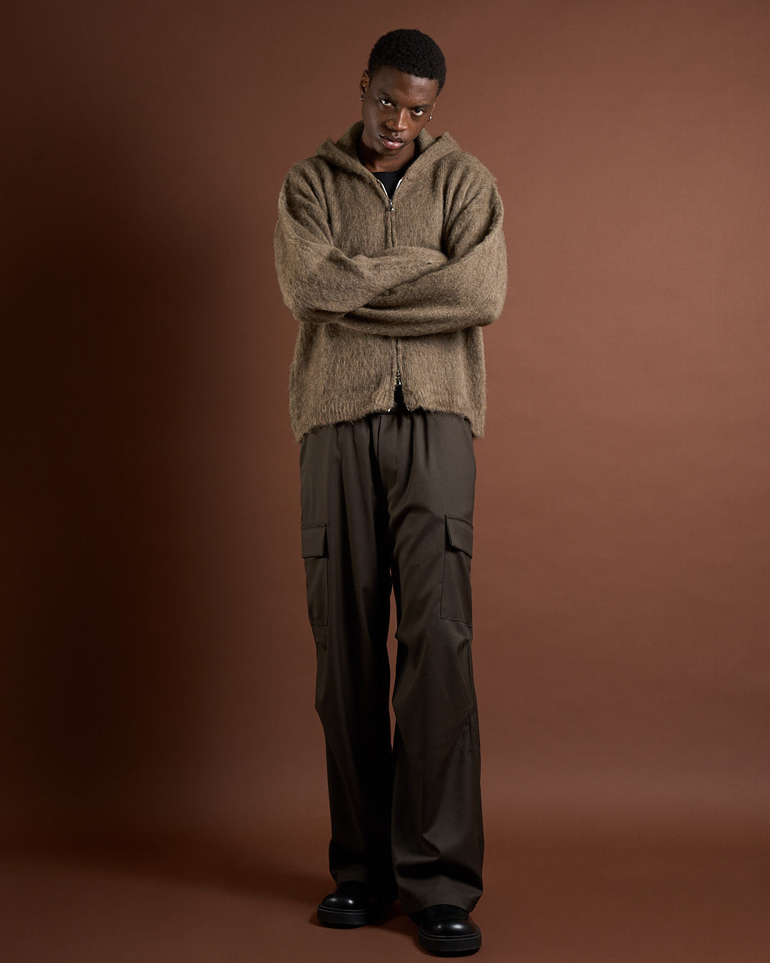 Cardigan in maglia con zip e cappuccio in lana mohair