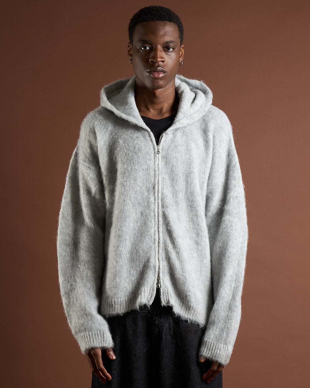 Cardigan in maglia con zip e cappuccio in lana mohair