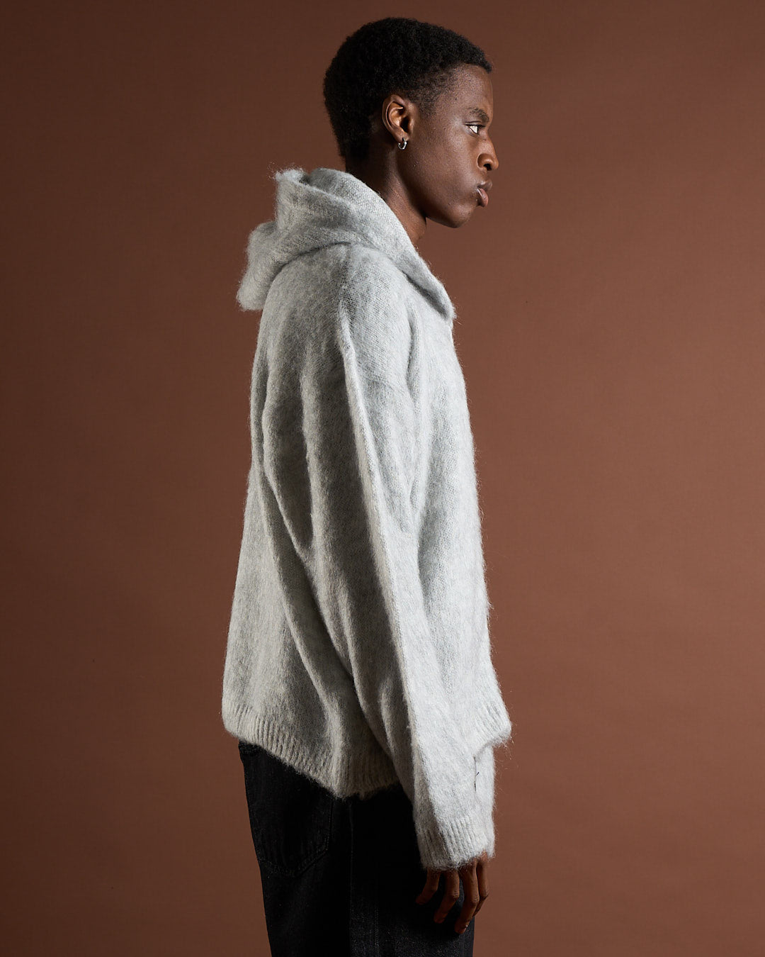 Cardigan in maglia con zip e cappuccio in lana mohair