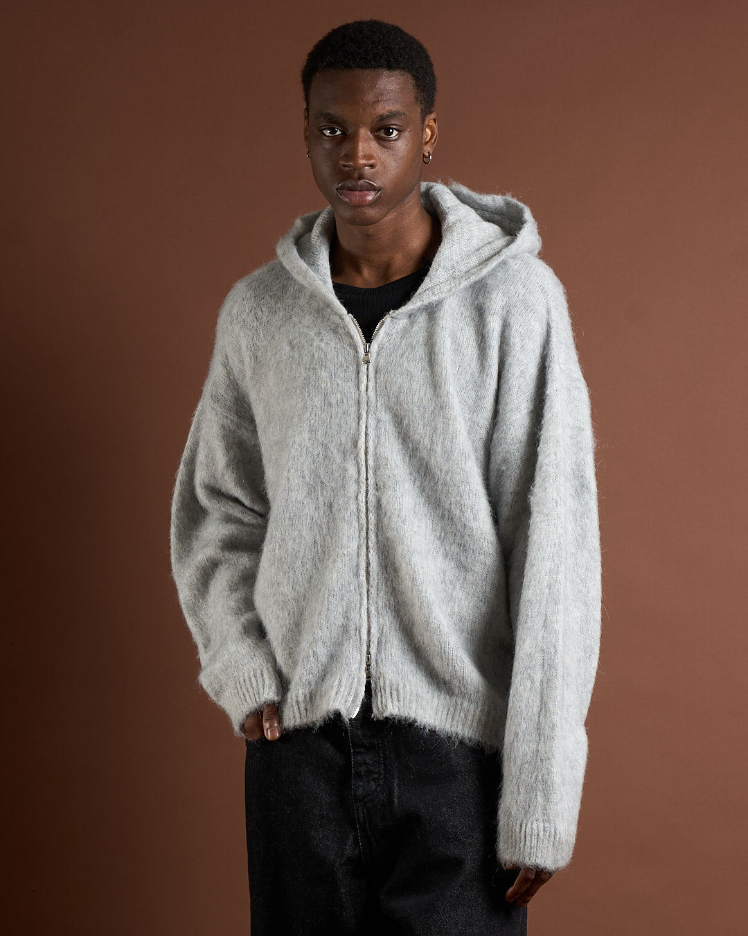 Cardigan in maglia con zip e cappuccio in lana mohair