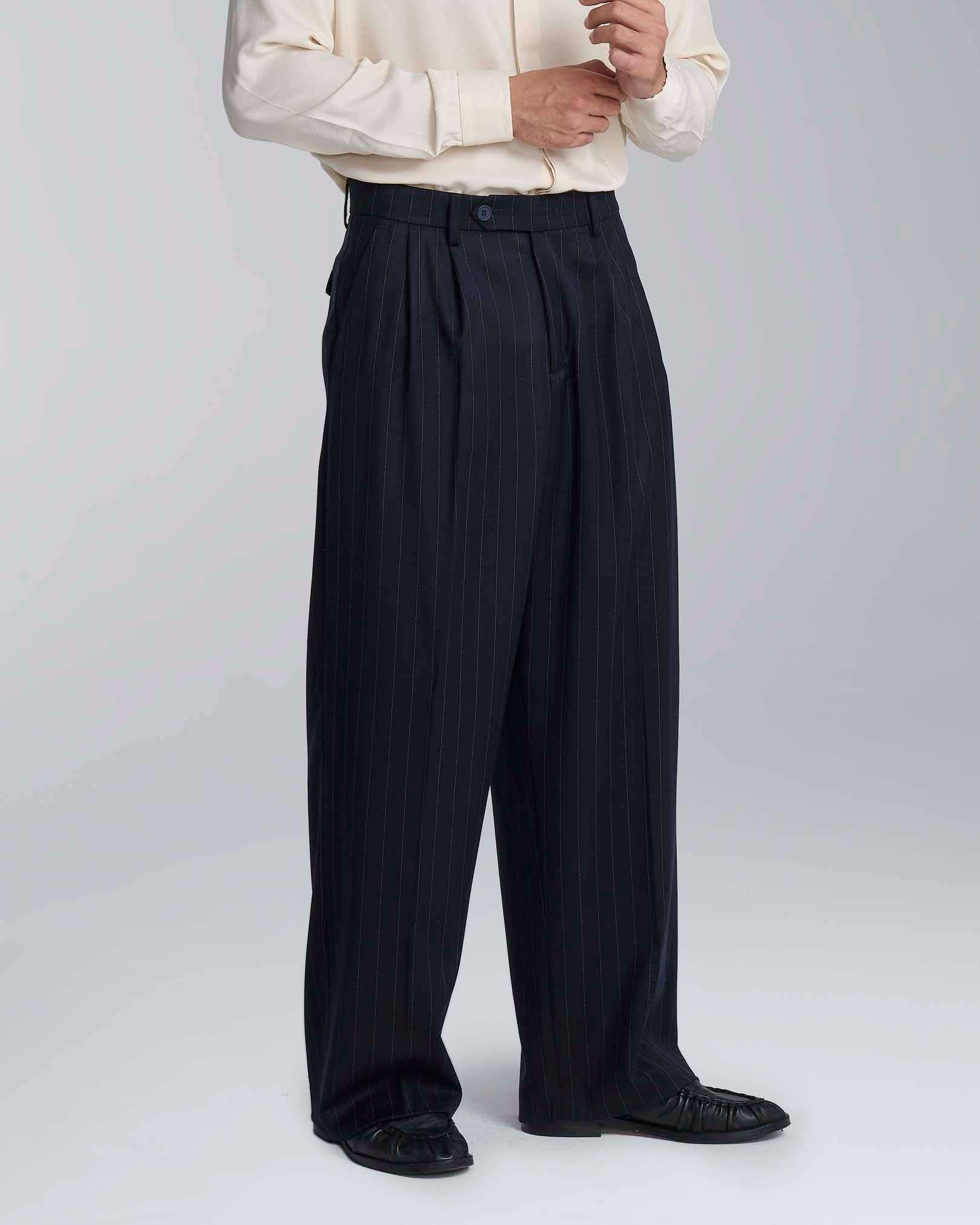 Pantalone wide leg strutturato gessato blu
