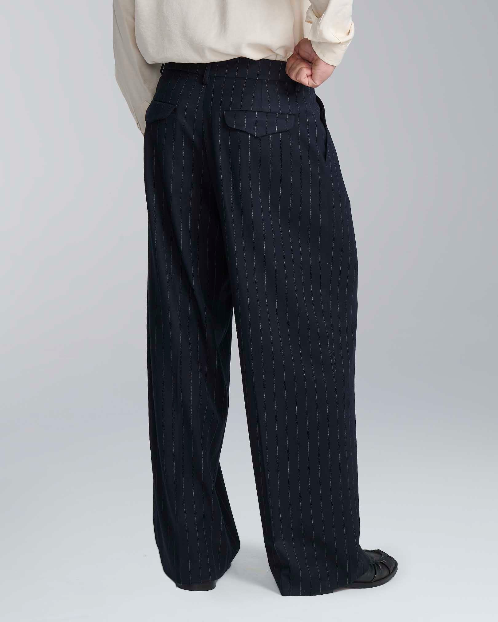 Pantalone wide leg strutturato gessato blu