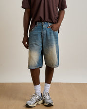 Bermuda Jeans Baggy Sabbiato in doppio stone con pietra