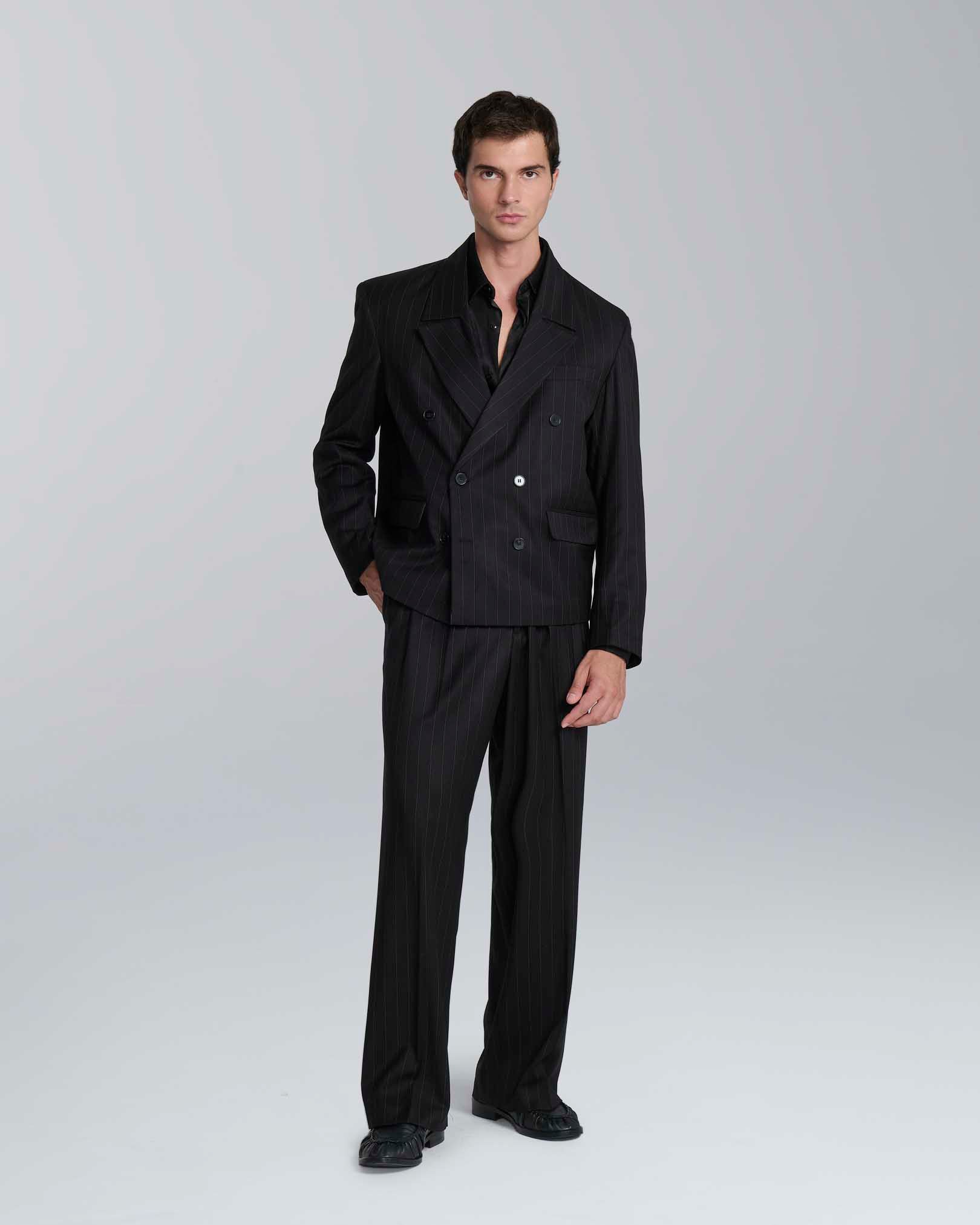 Pantalone wide leg strutturato gessato nero