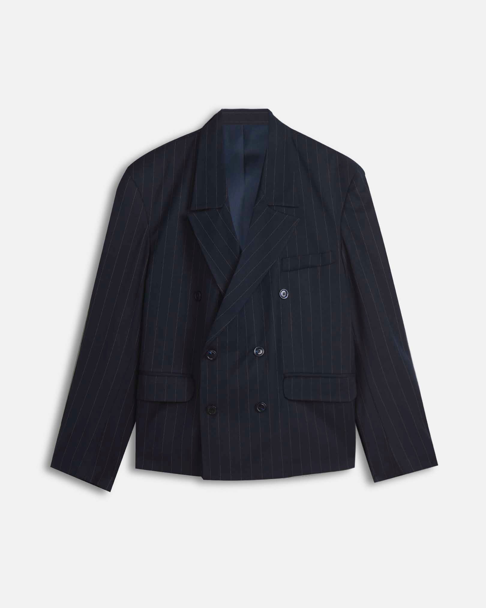 Giacca cropped doppiopetto gessata blu