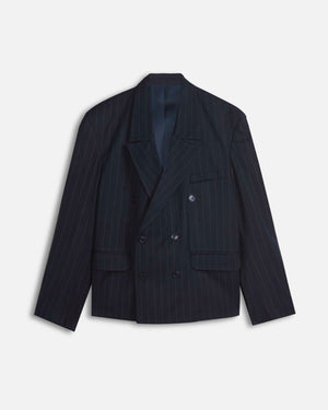 Giacca cropped doppiopetto gessata blu