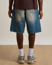 Bermuda Jeans Baggy Sabbiato in doppio stone con pietra