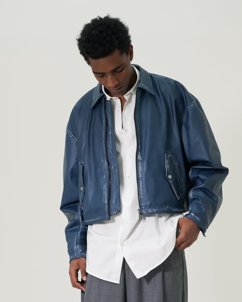 Cropped Leather Jacket Removed Blue